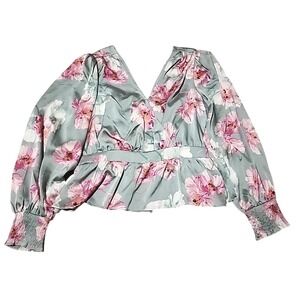 Express Faux Wrap Satin Top L Floral Green Pink Peplum Balloon Sleeve Cut Out